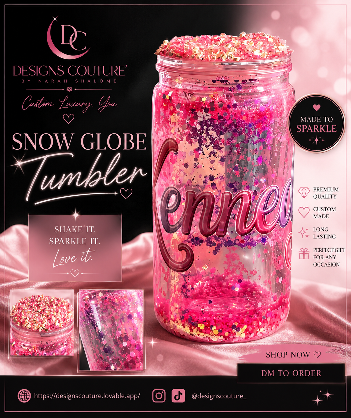 Personalized pink glitter snow globe tumbler