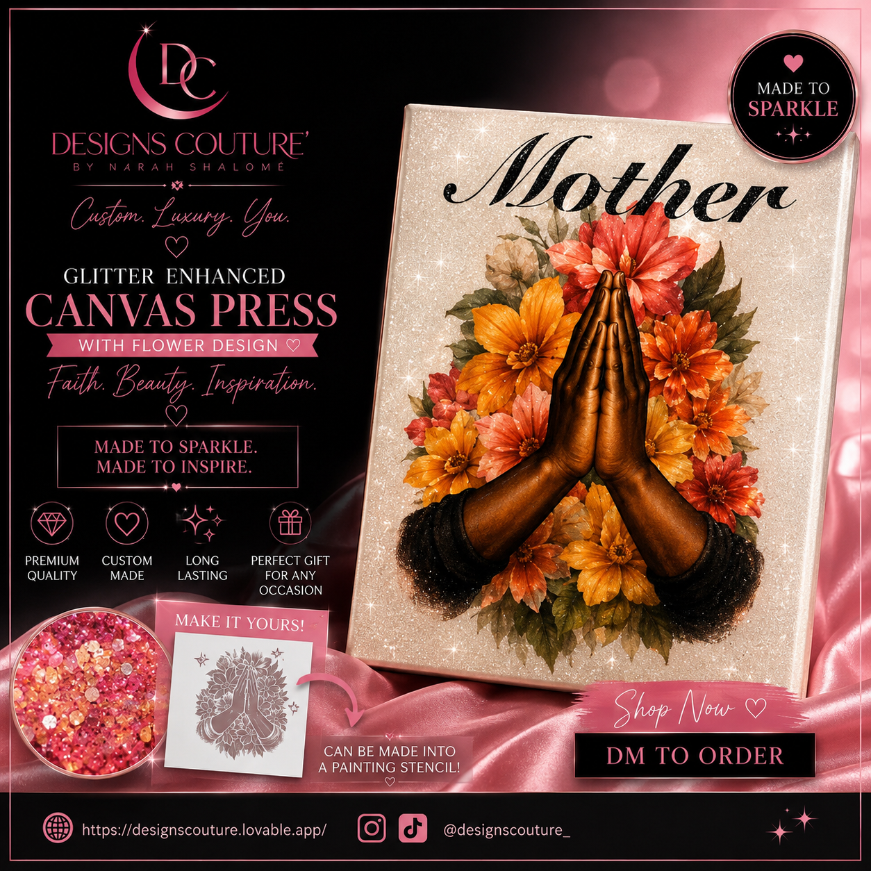 Glitter enhanced canvas press with praying hands and florals