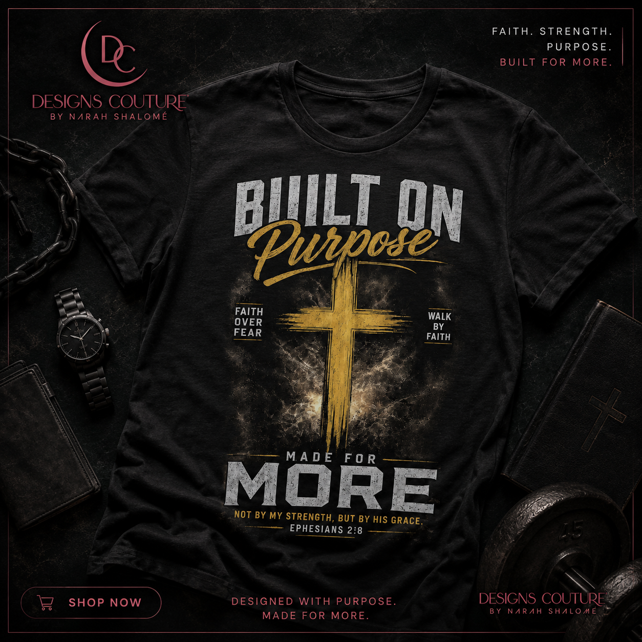 Built On Purpose faith-inspired black t-shirt design