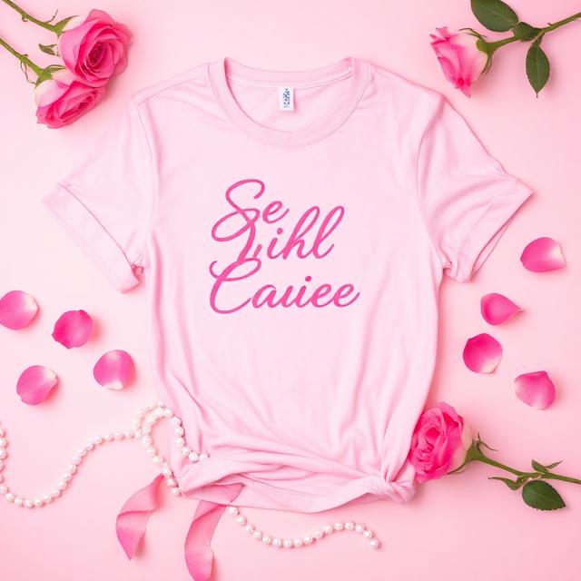 Pink script tee with roses and pearls