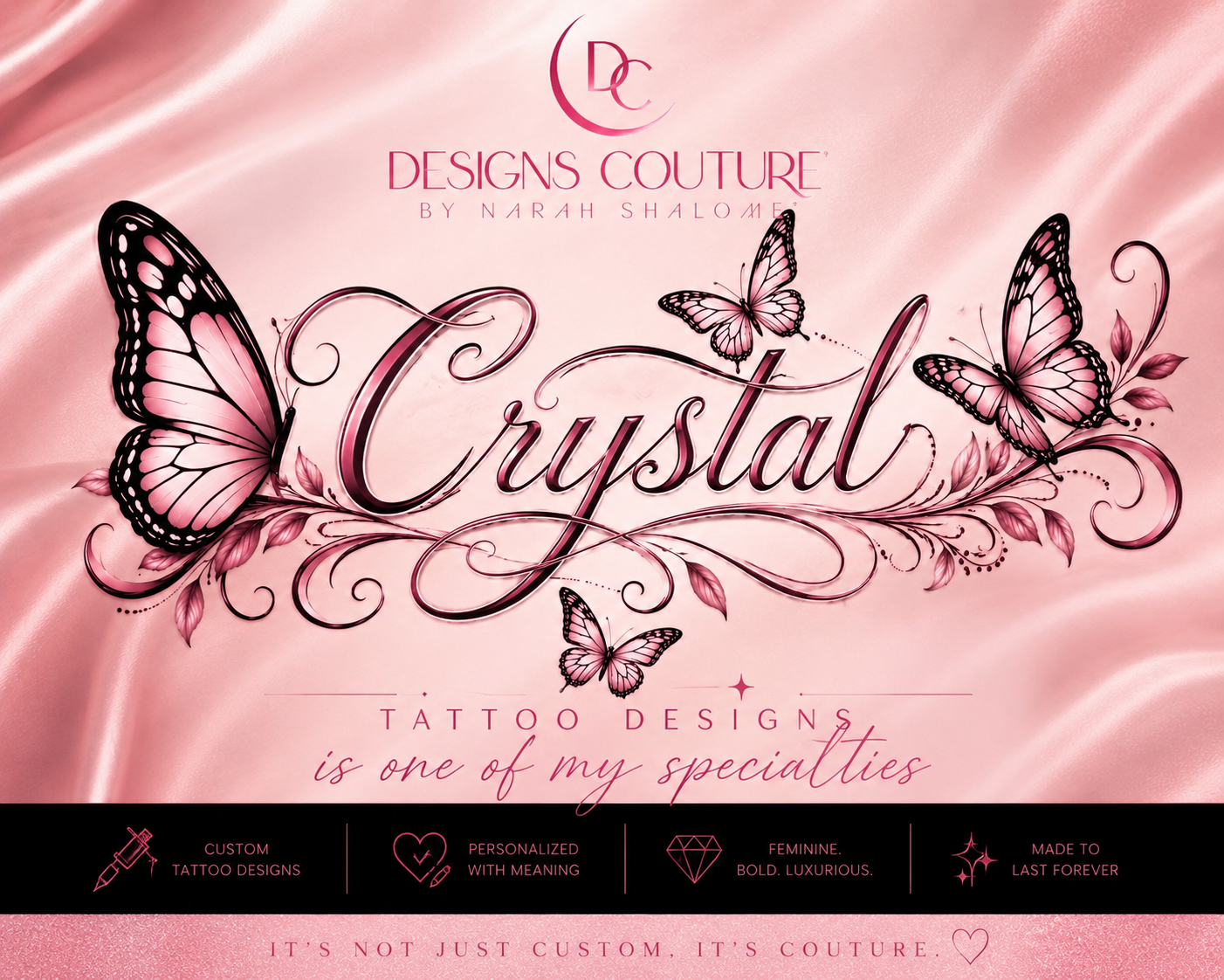 Crystal tattoo design artwork in soft pink with butterfly accents