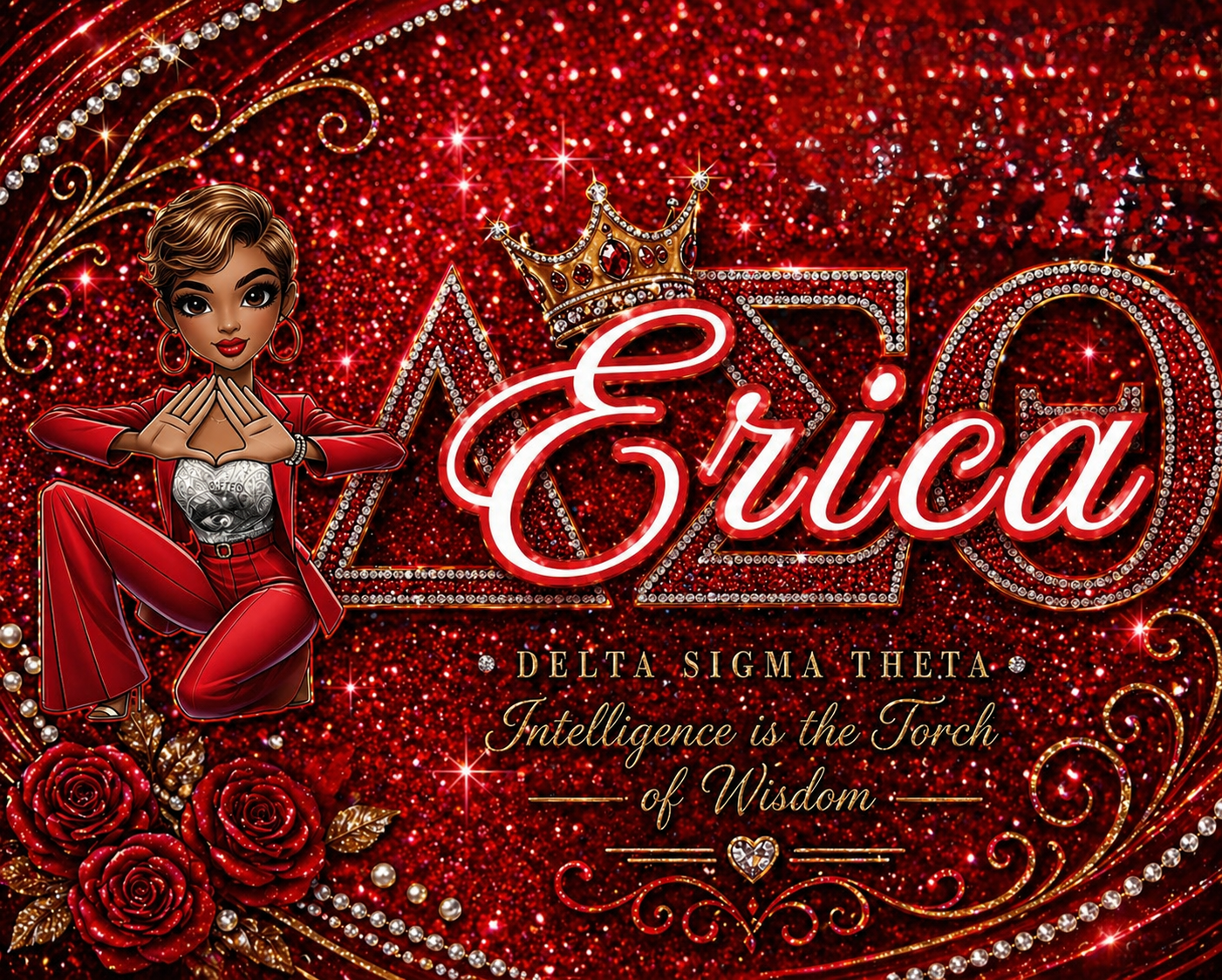 Custom red Delta Sigma Theta graphic design with sparkling details and illustration