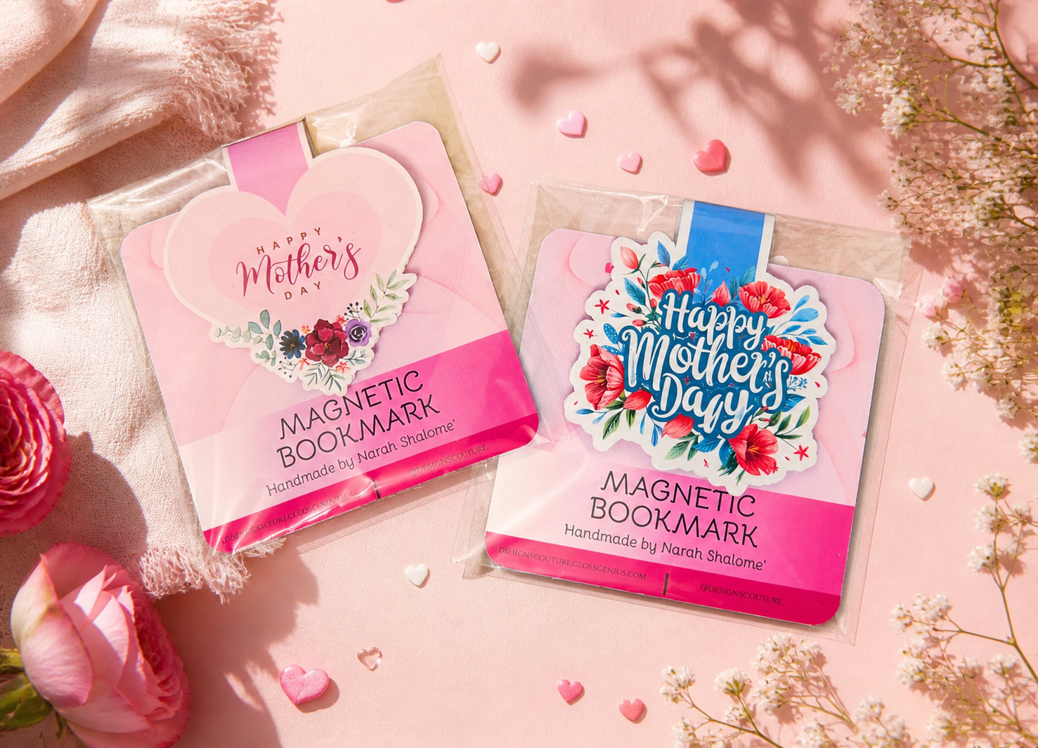 Handmade Mother's Day magnetic bookmarks displayed in pink packaging
